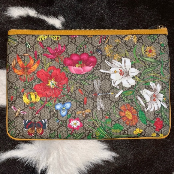 GG Supreme Monogram Flora Large Ophidia Pouch Clutch Yellow - Picture 4 of 6